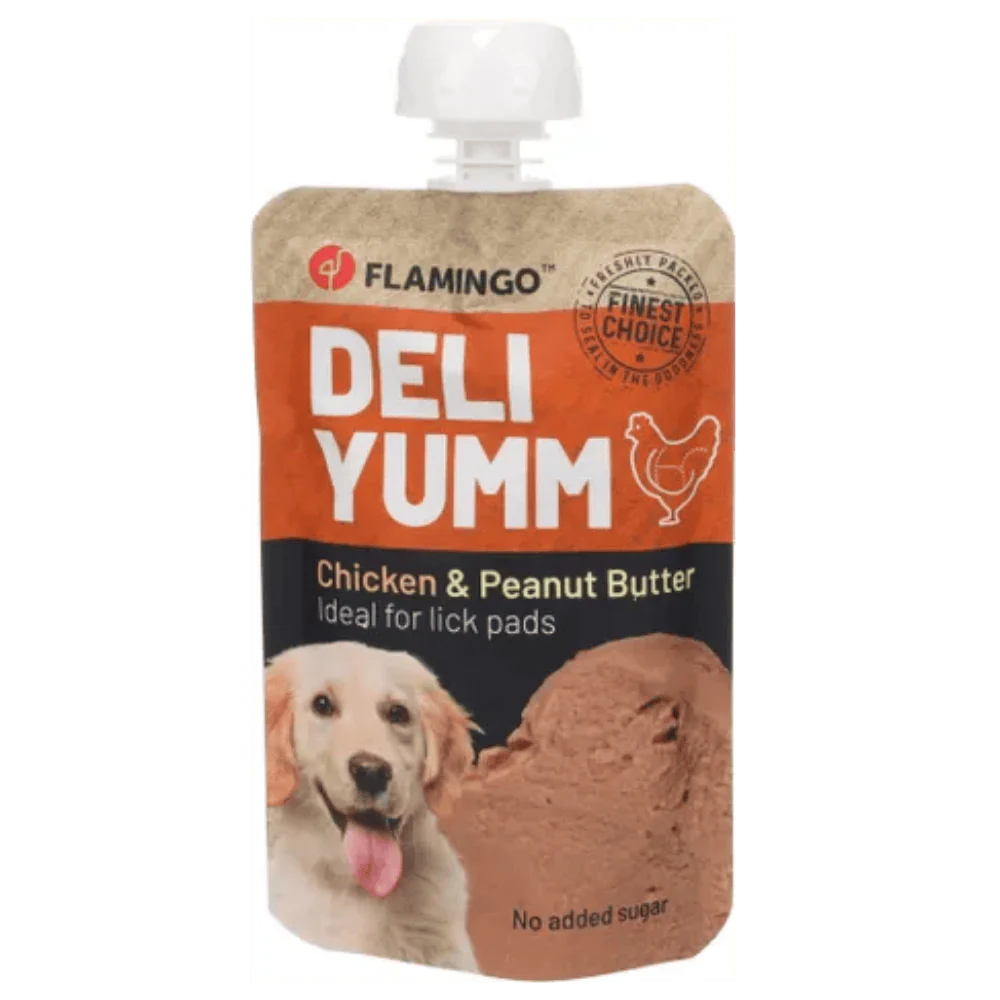 Flamingo Deli Yumm Paté Pollo y Mantequilla de Cacahuetes Snack Líquido para Perros