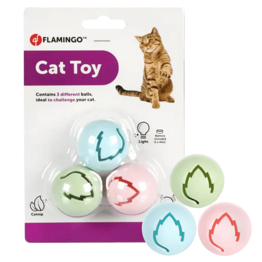 Flamingo Juguete Electrónico Iris para Gatos - Pack 3 Pelotas con Luces, Sonidos y Catnip - Incluye Pilas