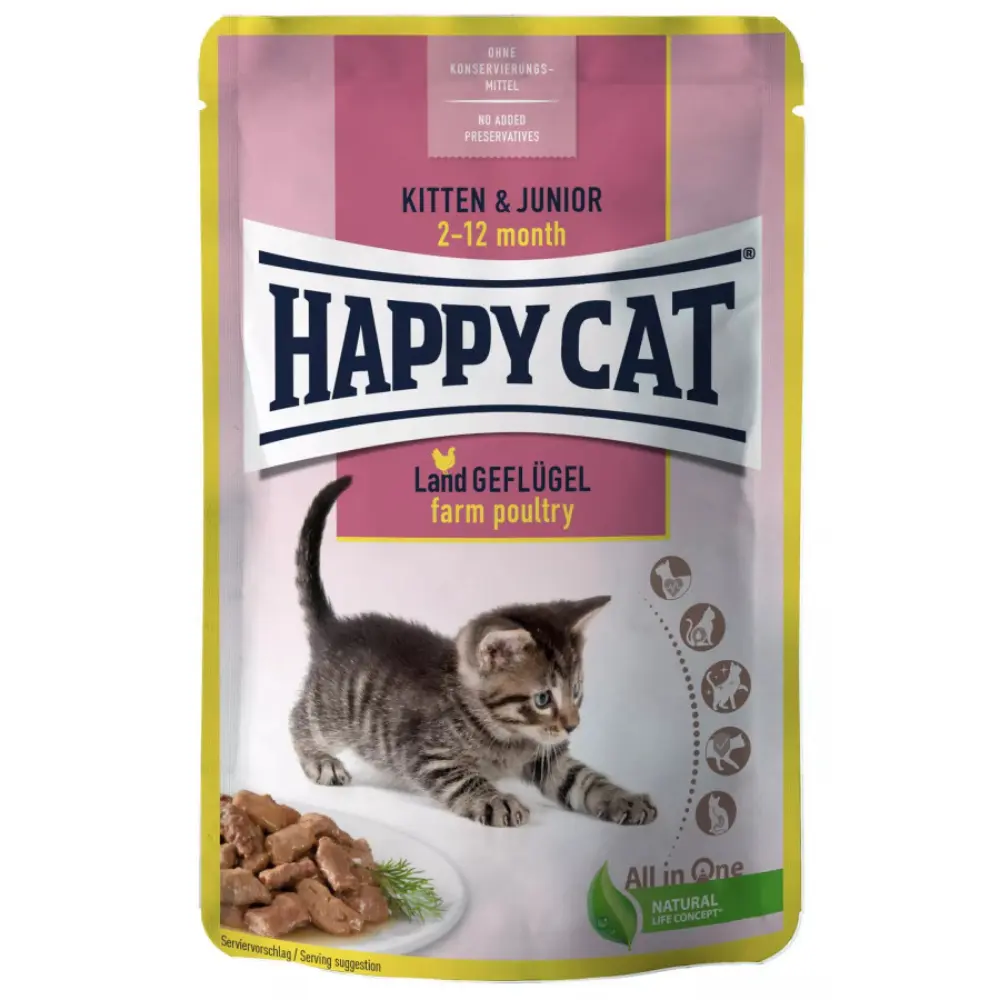 Happy Cat Kitten y Junior Land-geflügel Pouch 85 g (Ave de Corral)