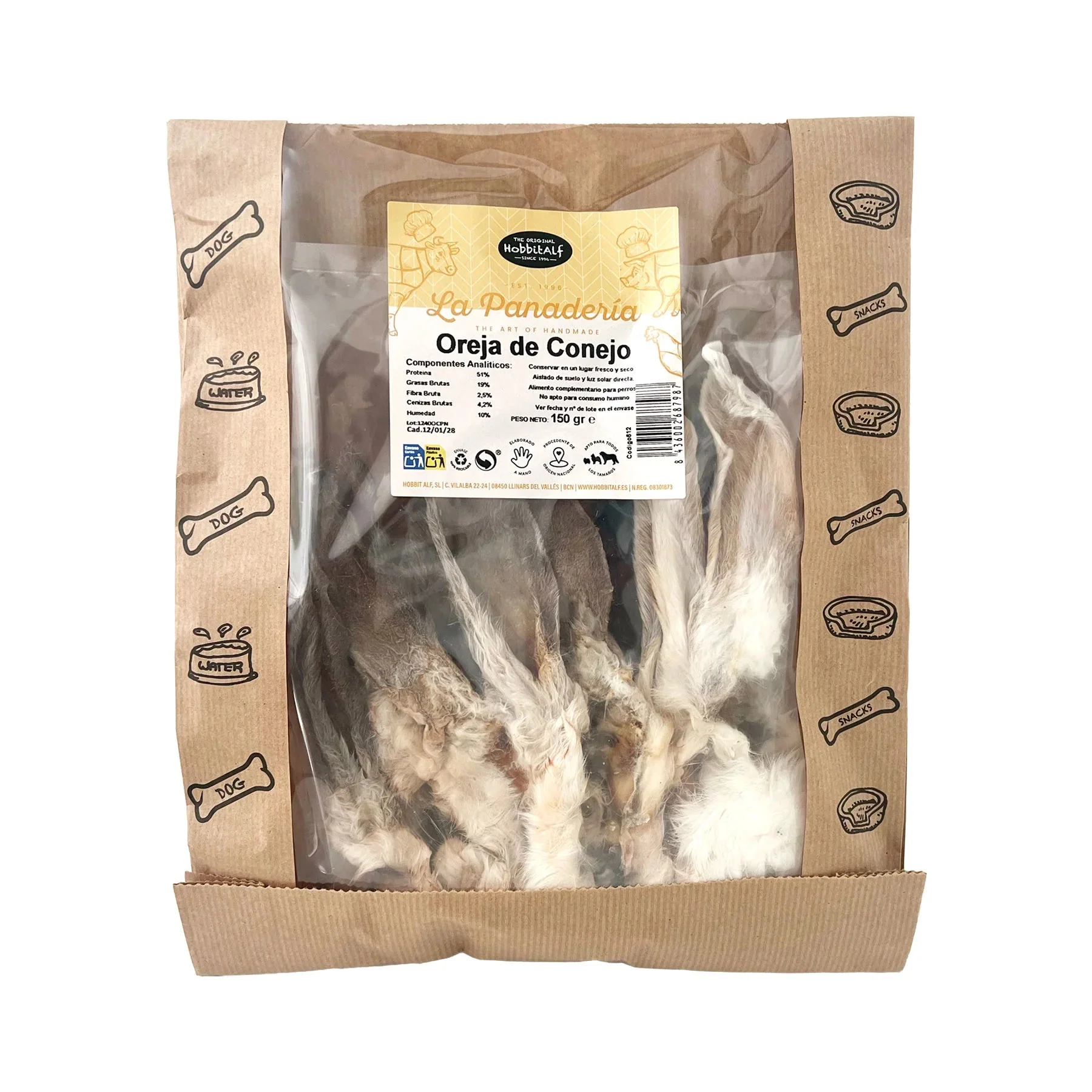 Hobbitalf Oreja de Conejo con Pelo Snack Natural para Perros