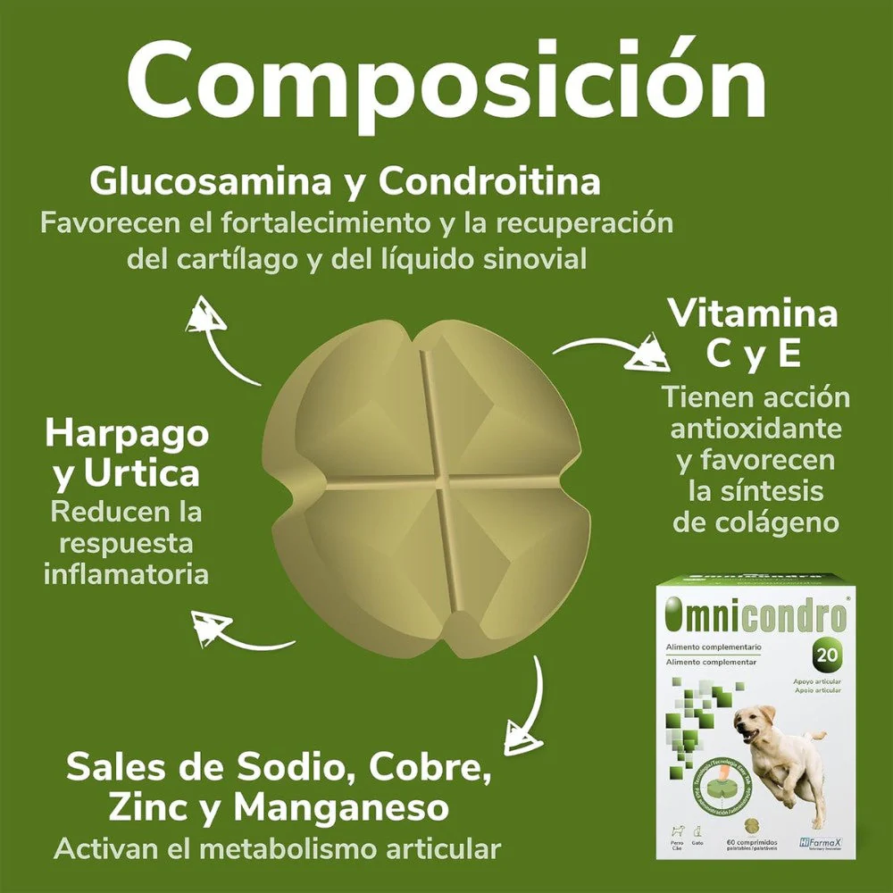 Omnicondro 20 | 60 comprimidos | Condroprotector para Perros y Gatos con Glucosamina y Condroitina | Suplemento Nutricional para Reforzar Articulaciones | Hifarmax - Image 5