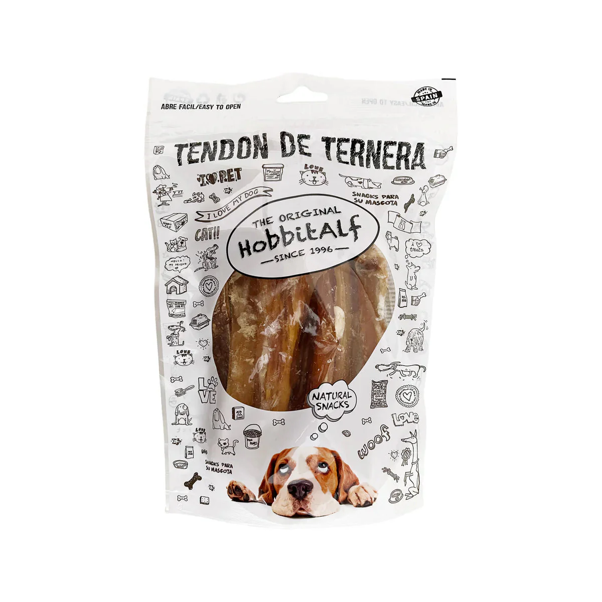 Hobbitalf Tendón de Ternera Junior Extra 20 cm - Pack 10 uds - Snack Natural para Perros